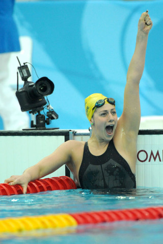 Stephanie Rice celebrates touching first in Beijing
